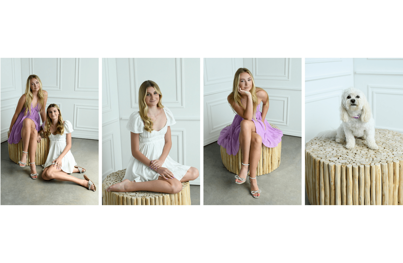 High school aged sisters wearing spring dresses and their beloved white fluffy dog.