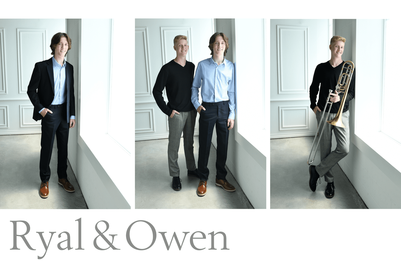 High school senior twin brothers, Ryal and Owen pose in the studio of Kliks Photography in Cedar Rapids, Iowa.