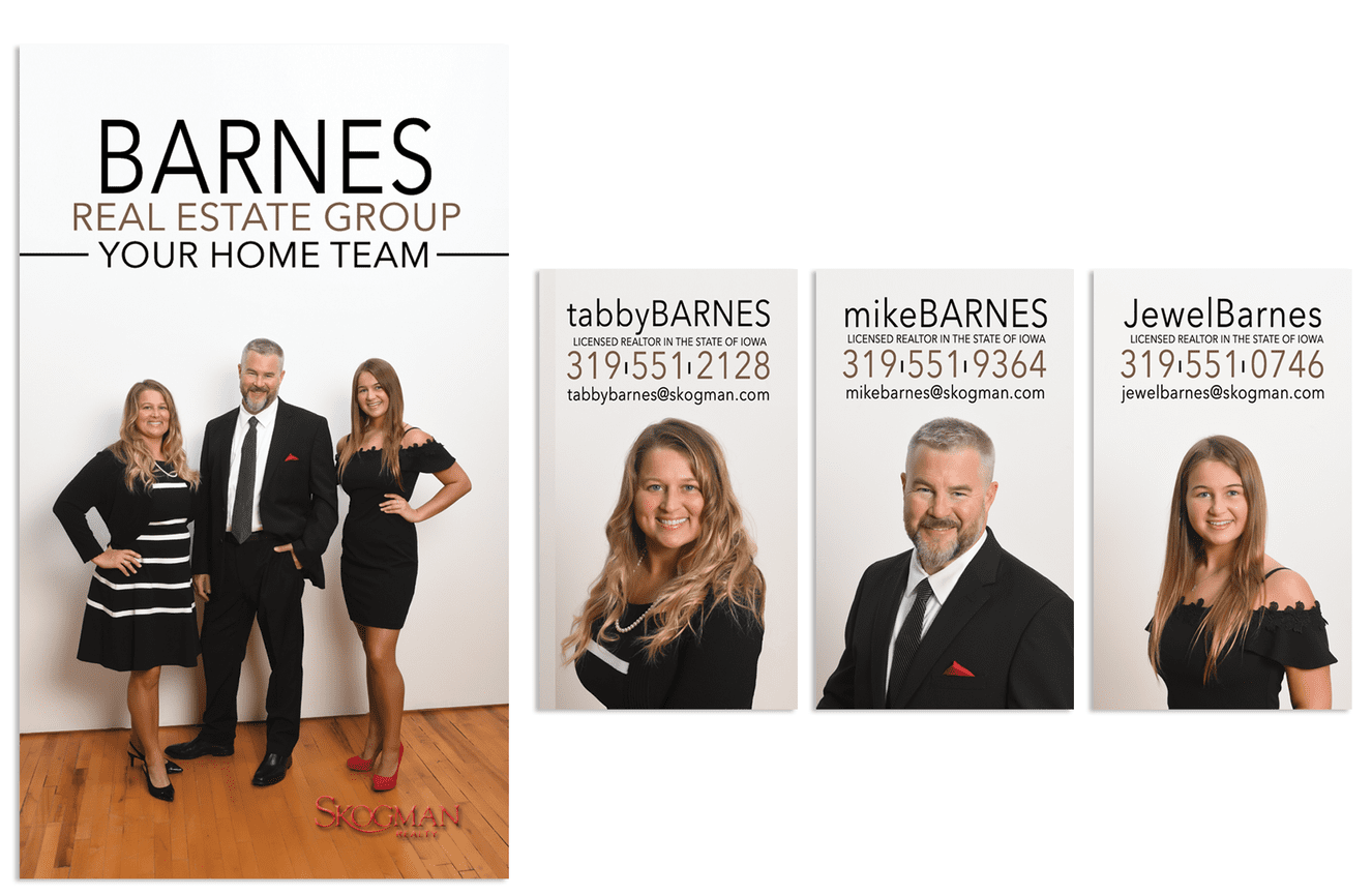 Group and individual business cards of Skogman Realty Barnes Real Estate Team.
