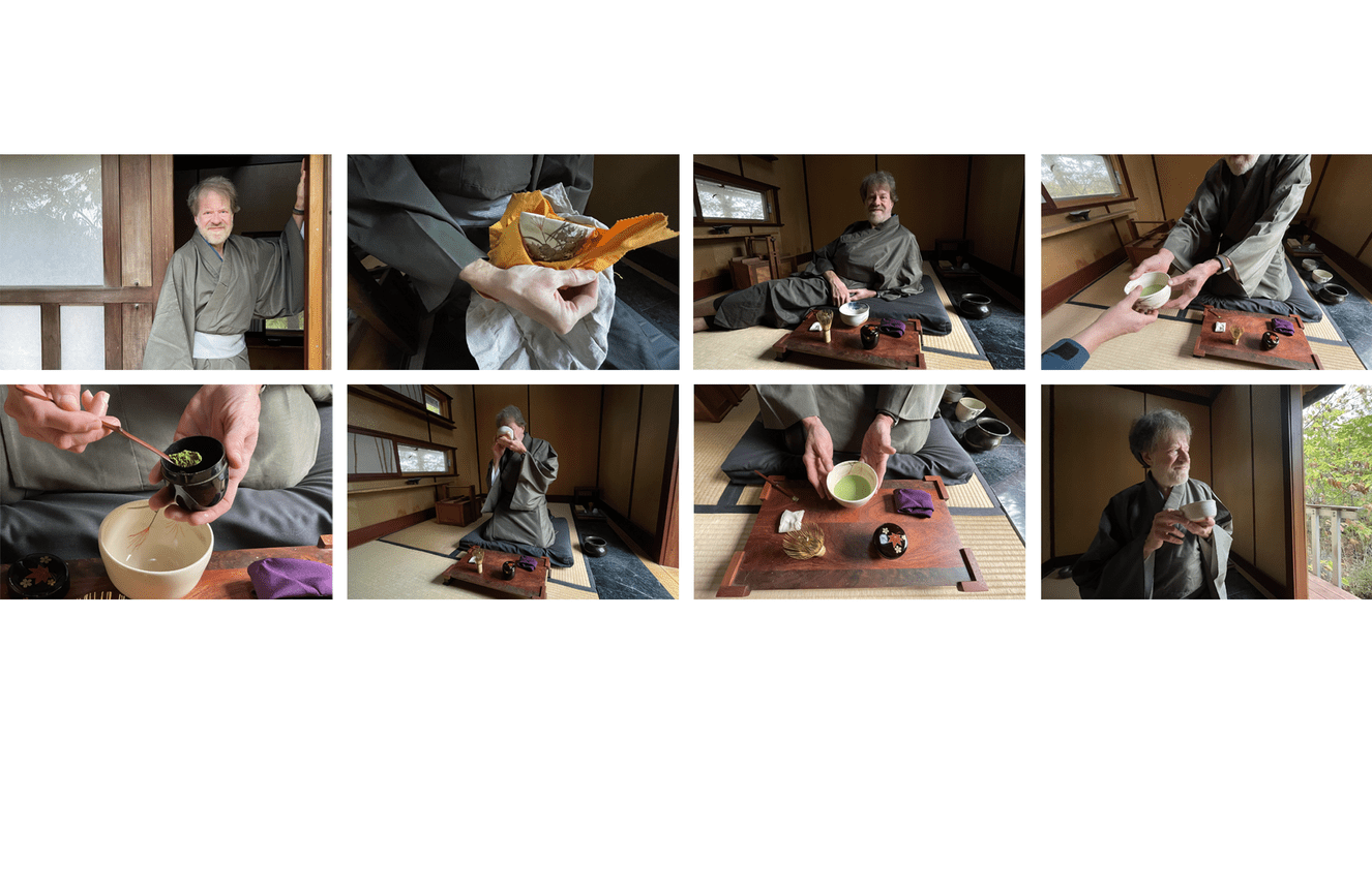 A collage of a man in a Japanese kimono demonstrating how to make and serve matcha tea.