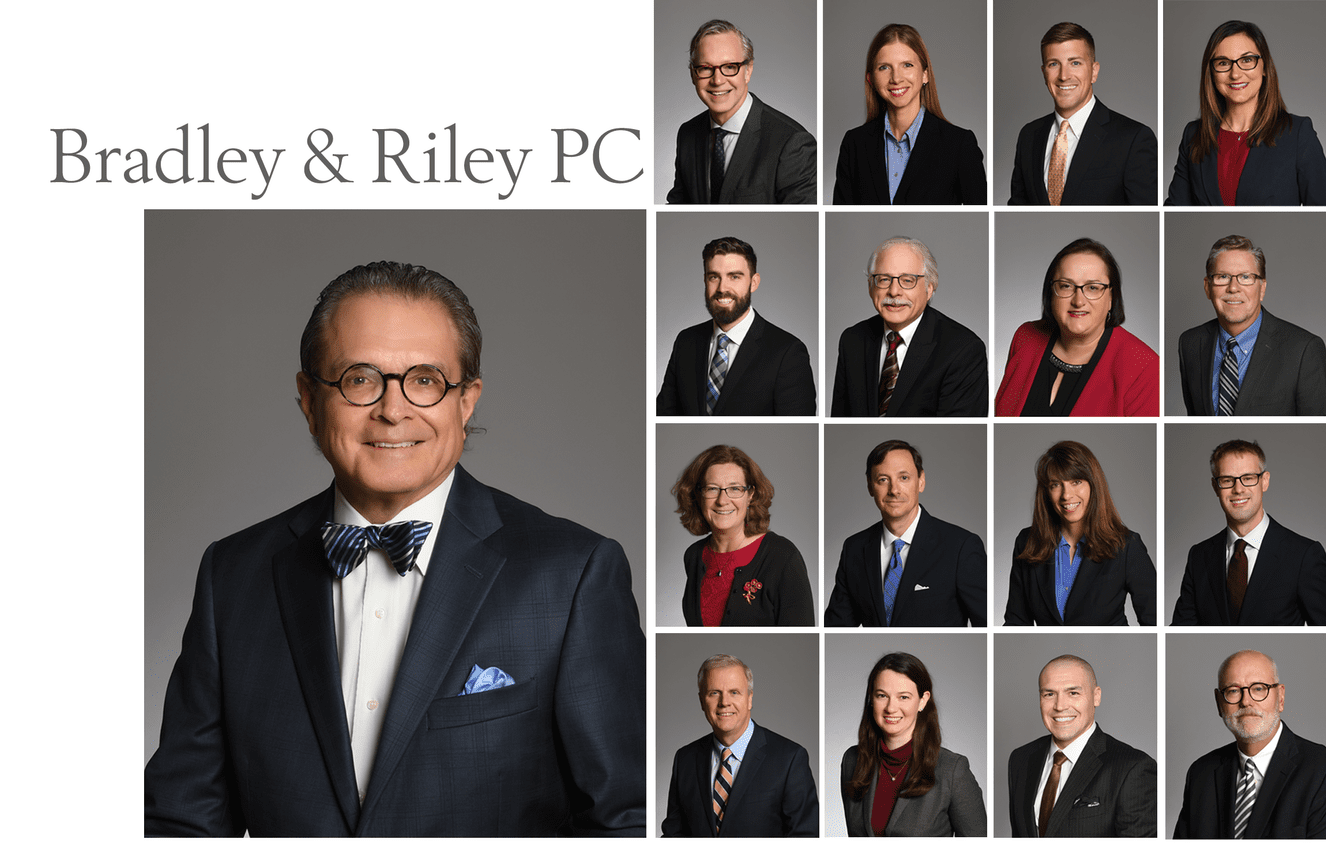 Headshots of attorneys from the Bradley & Riley PC law firm taken by Kliks Photography in Cedar Rapids, Iowa.