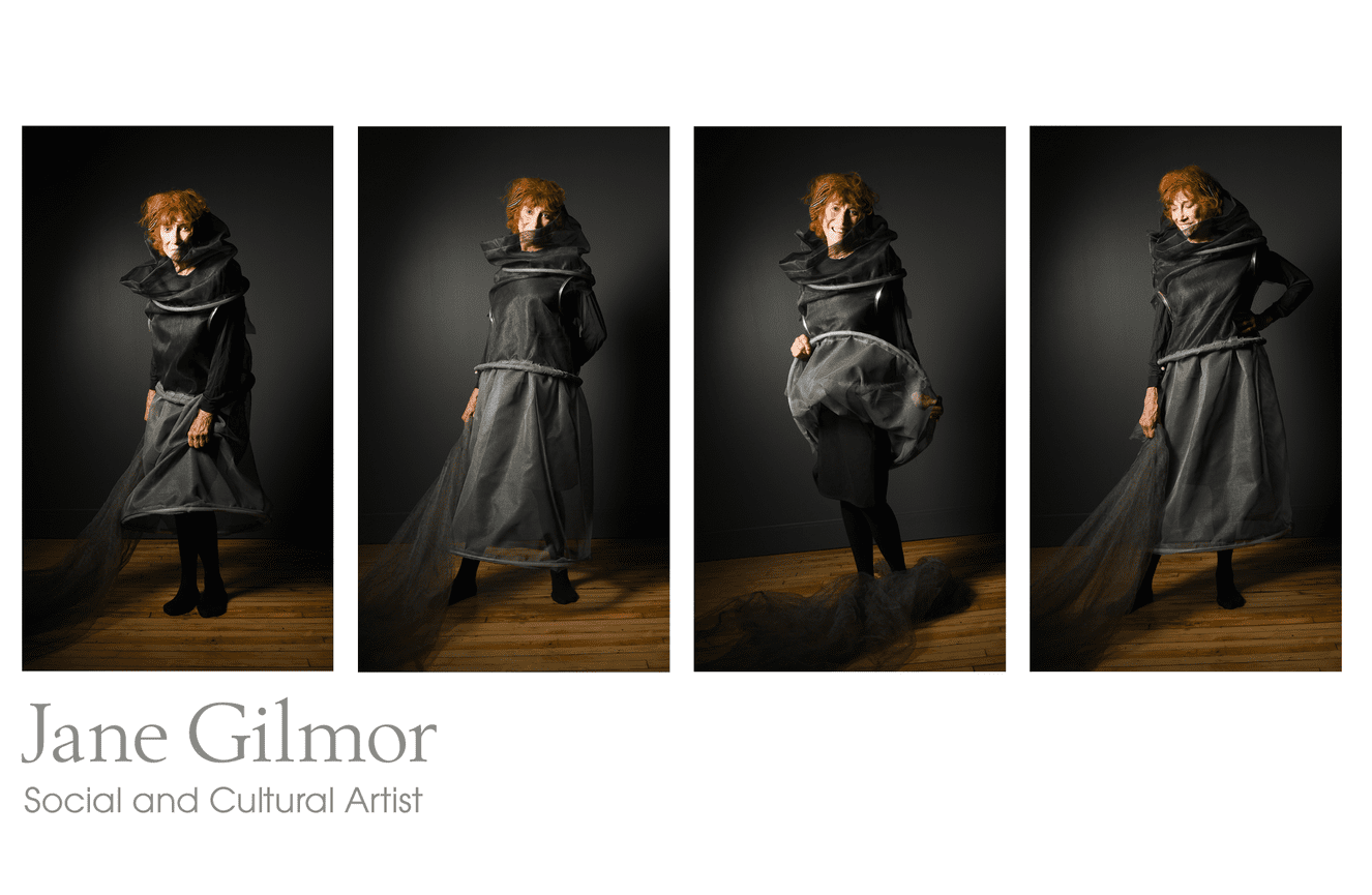 Artist Jane Gilmor striking poses while wearing her her art in the Kliks Photography studio.