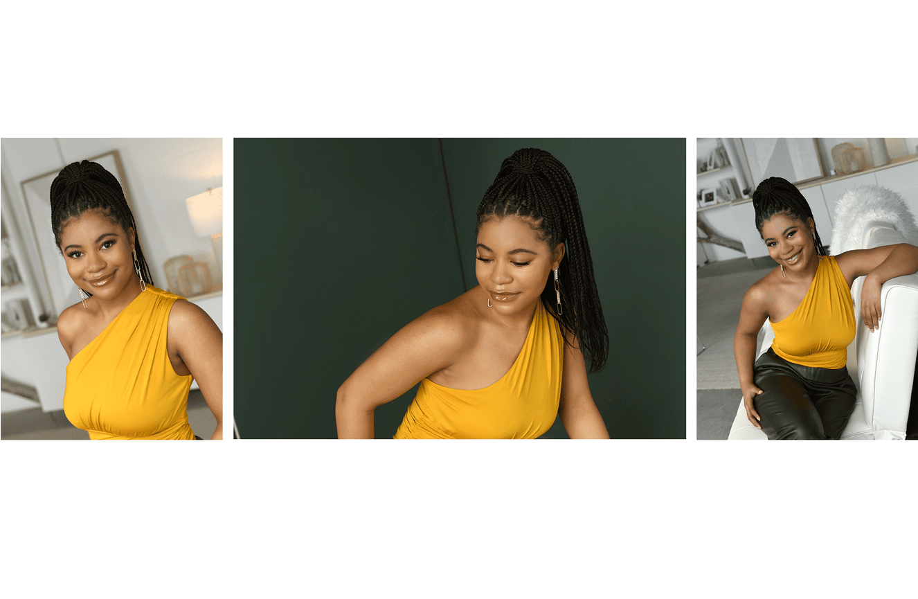 An African American young woman in a mustard blouse.