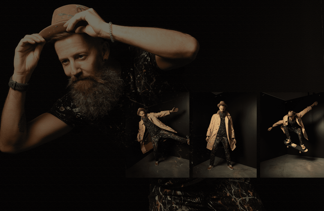 A cluster of photos of a professional artist and skate boarder posing in painted clothing for a fashion show at Kliks Photography in Cedar Rapids, Iowa.