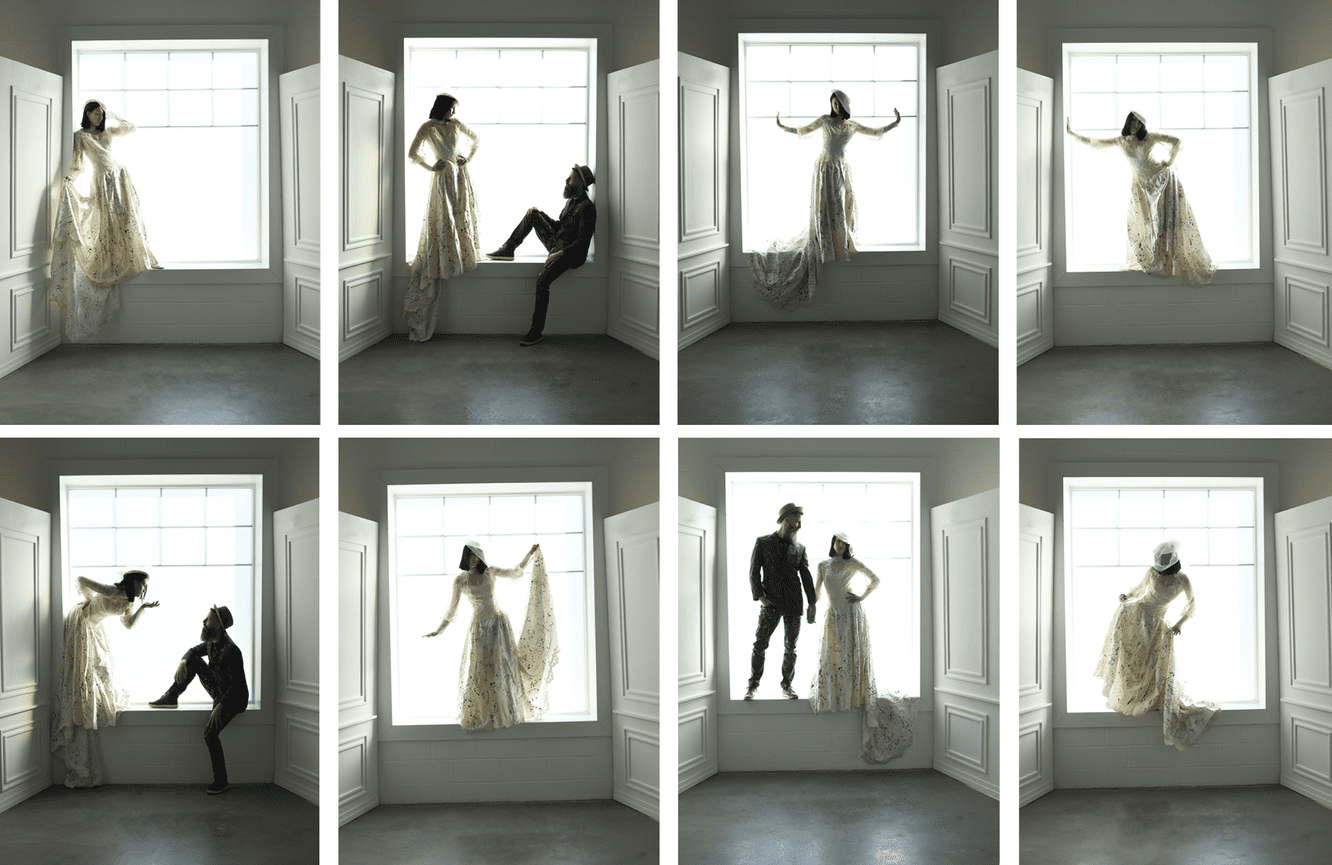 An artful photo collection of a bride and groom striking various poses in a window sill at Kliks Photography in Cedar Rapids, Iowa.