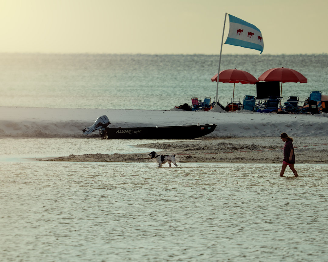 Child and dog walking on beach near a boat, with red umbrellas and beach chairs in the background.