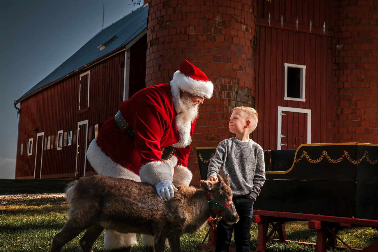 A child looks up at Santa while they stand beside a real reindeer at a previous holiday experience