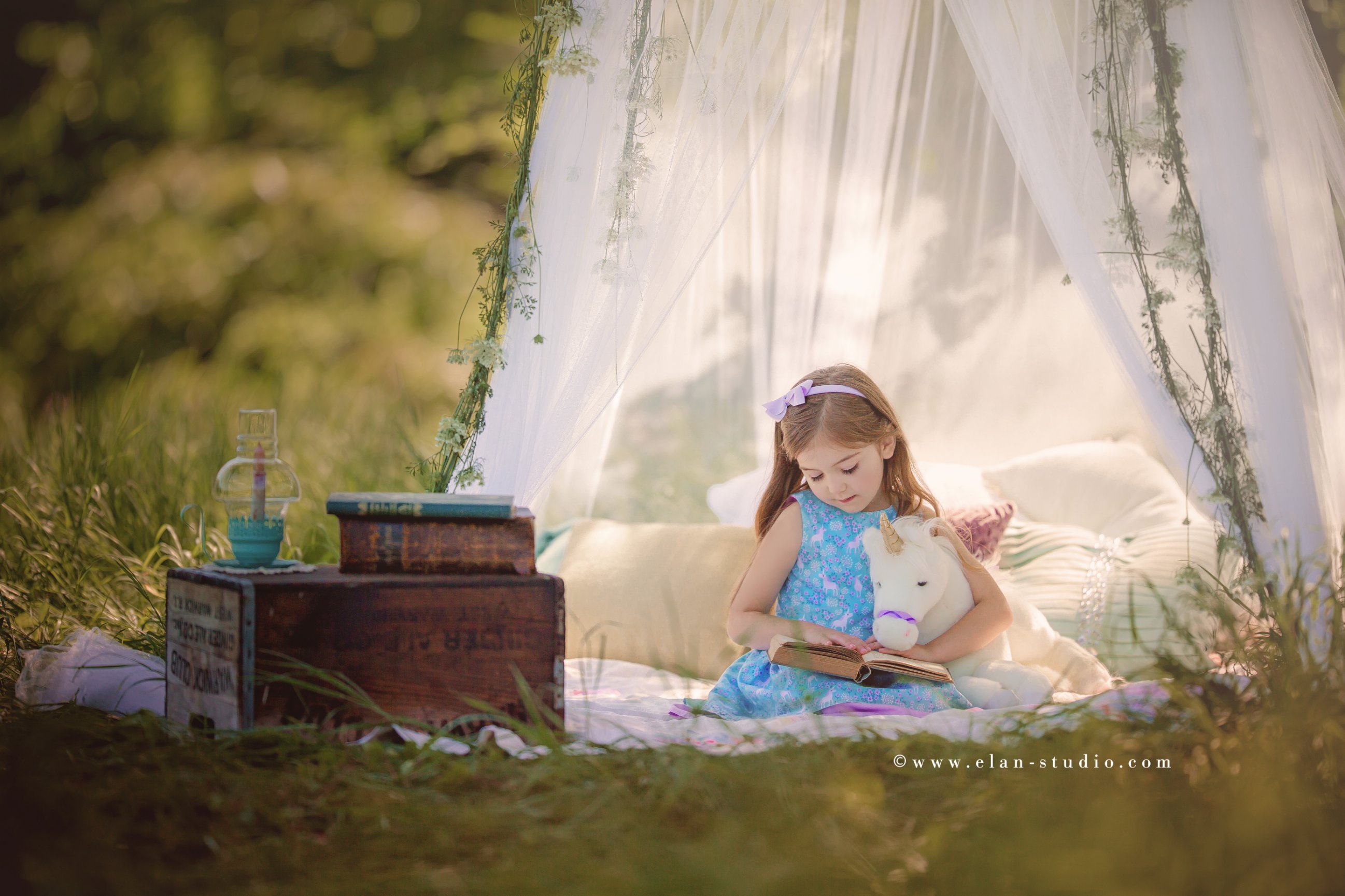 little girl reading to unicorn, outdoor sheer canopy, rustic decor, Elan Studio, Tracy Sweeney